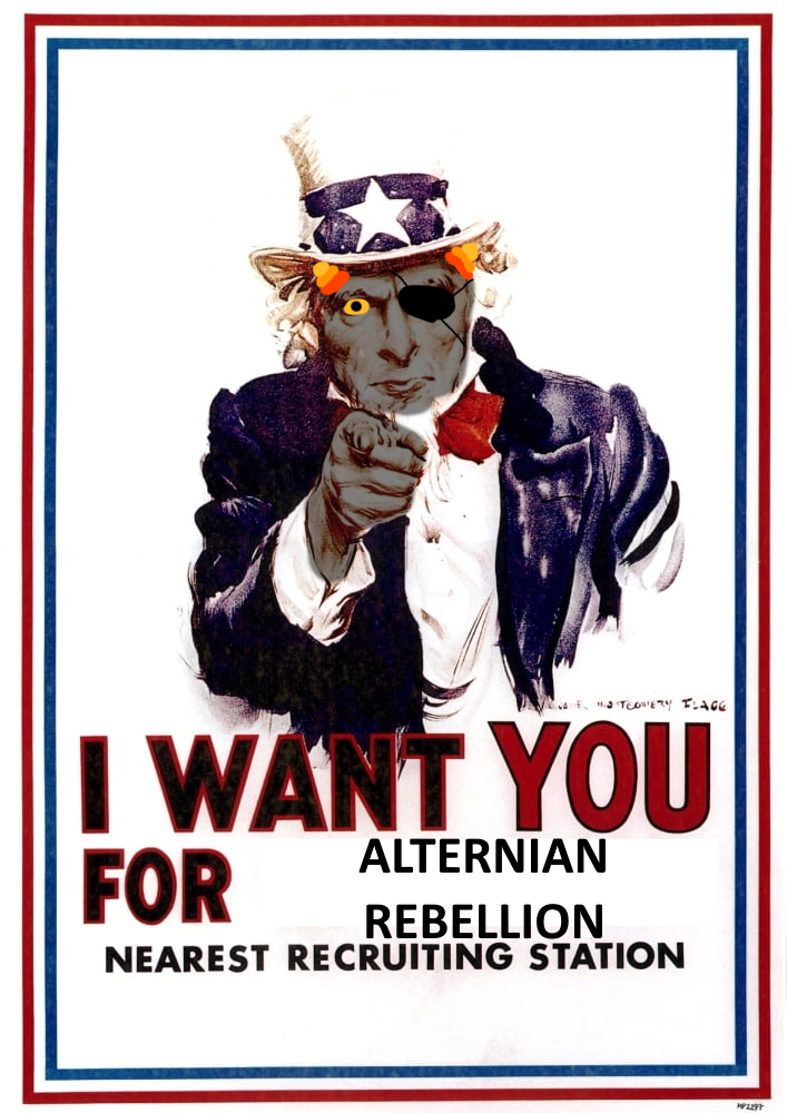 A photoshopped version of the Uncle Sam "I want you" US Army recruiting poster designed to look like Karkat. The text is altered to say 'I WANT YOU FOR ALTERNIAN REBELLION'