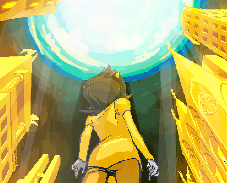 Terezi on Prospit looking up towards Skaia. Everything is a lit in a resplendent gold light.