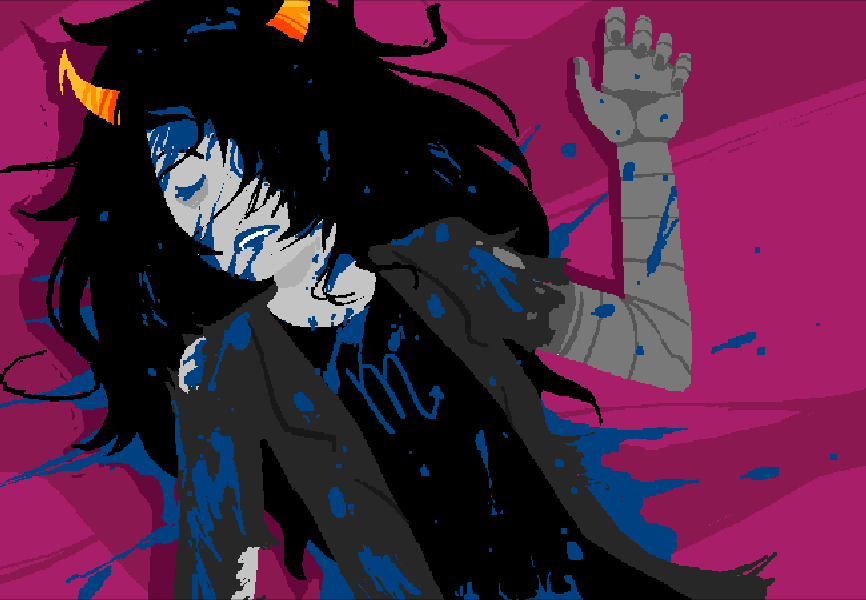 Vriska laying on the floor, splattered in her own blood.