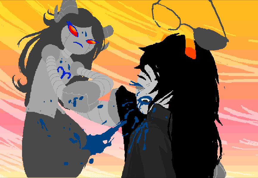 Aradiabot feeding Vriska a knuckle sandwich, blood splattering and glasses flying off towards the camera.