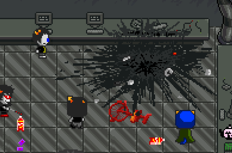 A picture of the inside of the meteorite. Sollux, Terezi, Equius and Nepeta are looking at a crater that used to be Aradiabot.