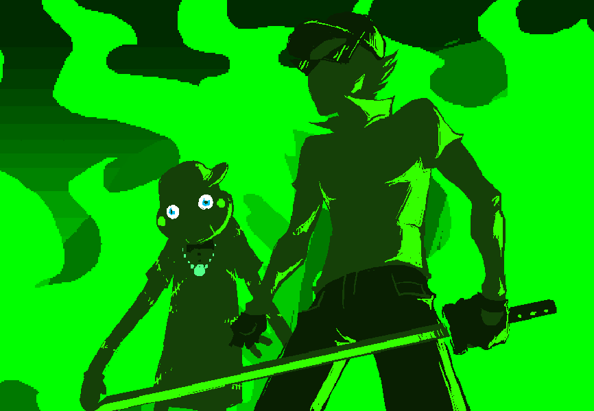 Bro and Lil Cal standing infront of neon green flames