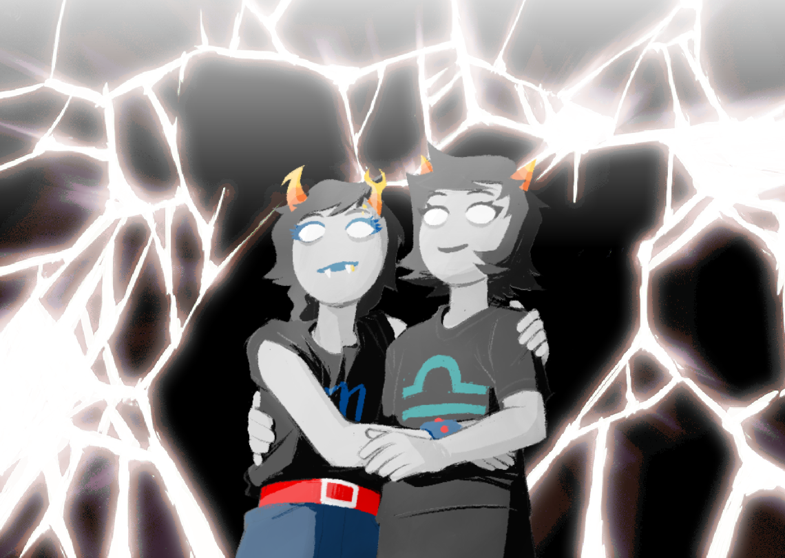Pre-retcon ghost Vriska and Terezi hold each other, set against a background of destroyed Paradox Space.