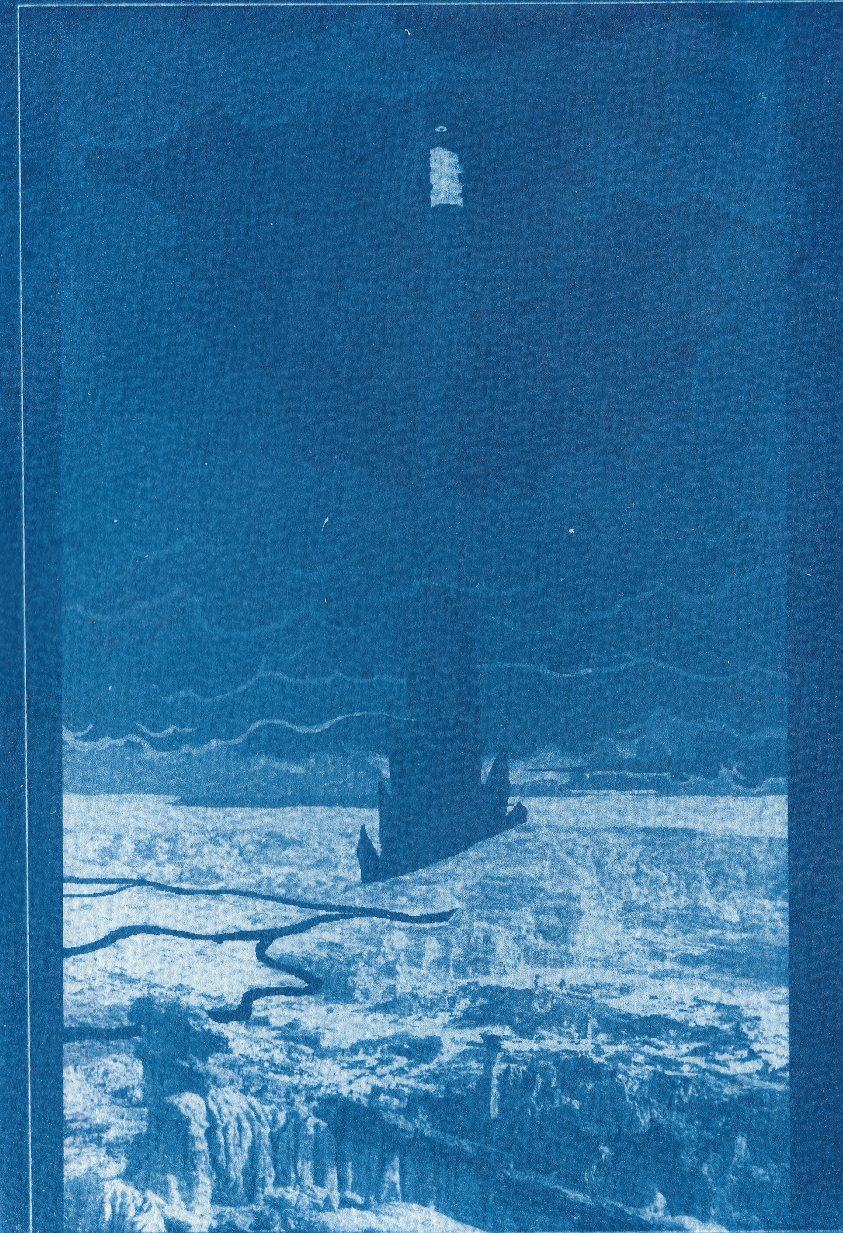 A cyanotype print of Homestuck Panel 003329 Panel 2, showing John's home sat atop a giant spire piercing the clouds